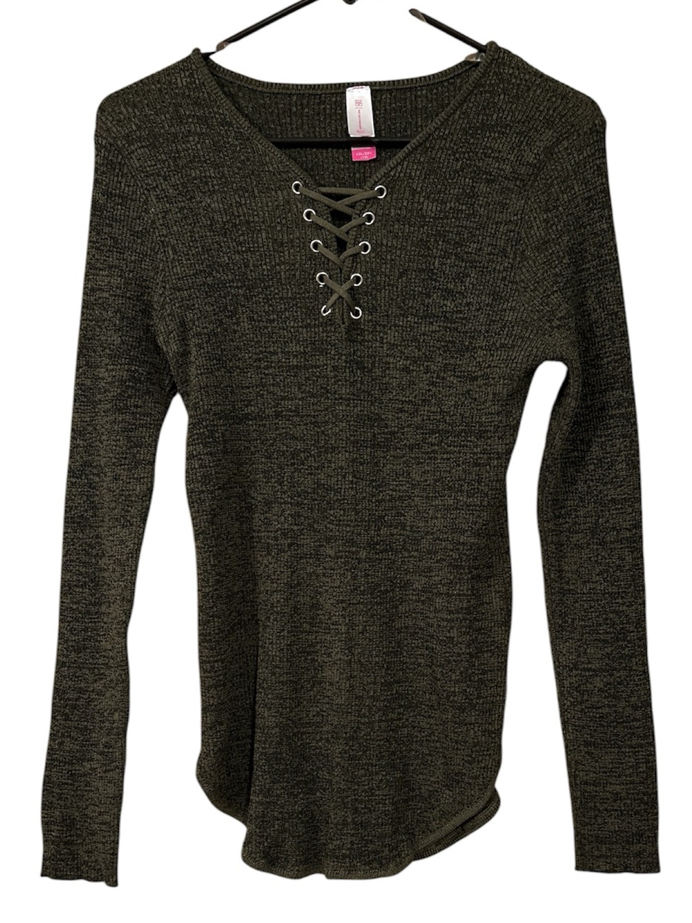 No Boundaries Olive Green Lace-Up Knit Long Sleeve Top